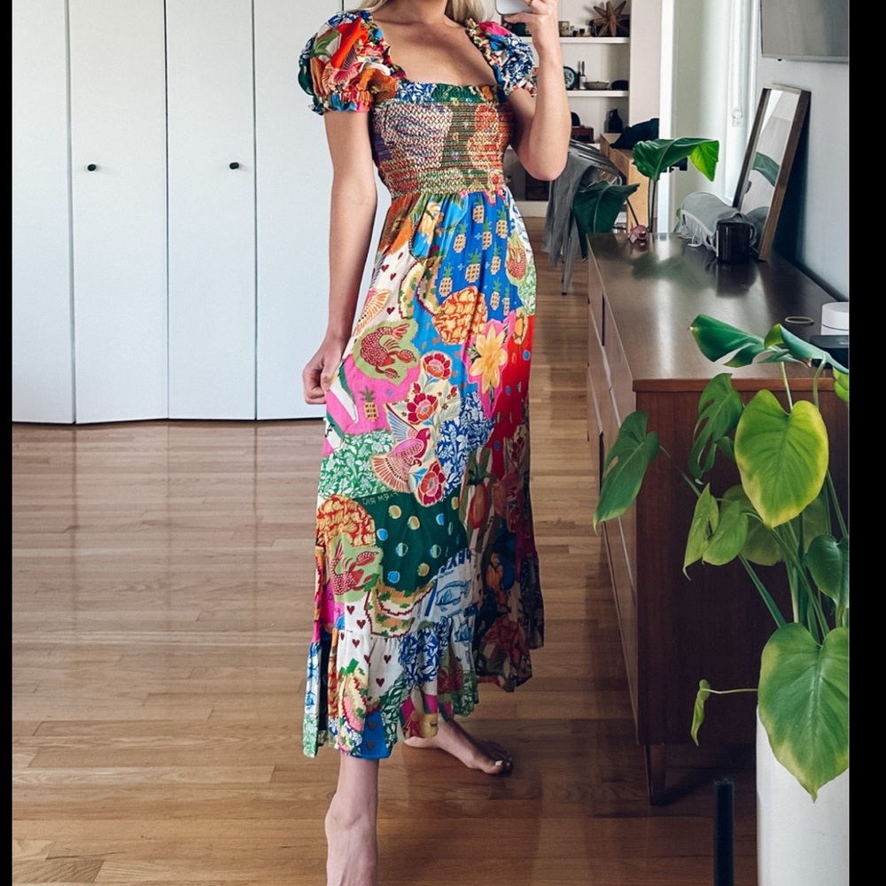 🌈Farm Rio Women’s Sunny Mix Square Neck Colorful Patchwork Dress